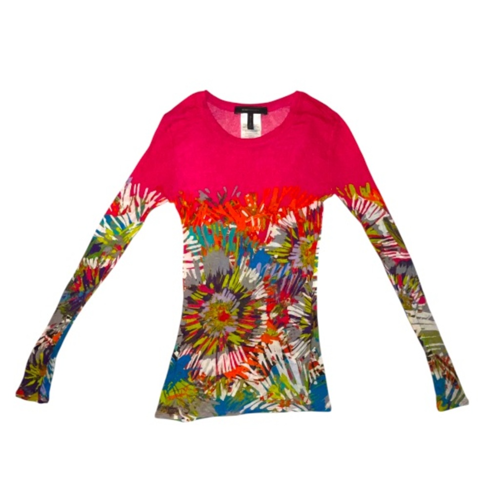 BCBG Maxazria Semi Sheer Bodycon Long Sleeve Shirt Multicolor Tie Dye Size Small